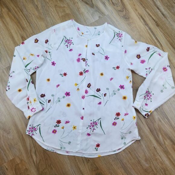 💜Gap Cream Floral Print Rayon Long Sleeve Top Medium - Picture 1 of 12